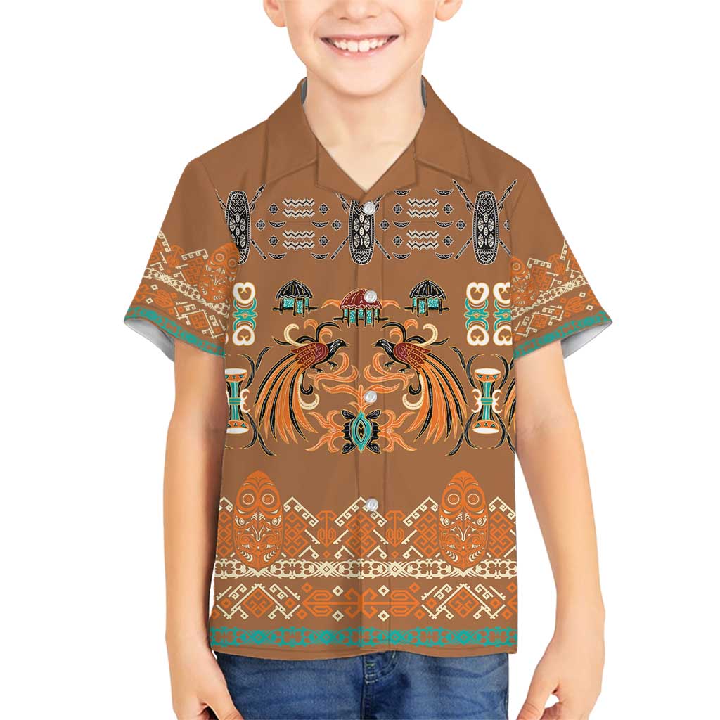 Terracotta Batik Papua-inspired Pattern Family Matching Long Sleeve Bodycon Dress and Hawaiian Shirt LT9 Son's Shirt Gold - Polynesian Pride