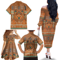 Terracotta Batik Papua-inspired Pattern Family Matching Off The Shoulder Long Sleeve Dress and Hawaiian Shirt - Polynesian Pride