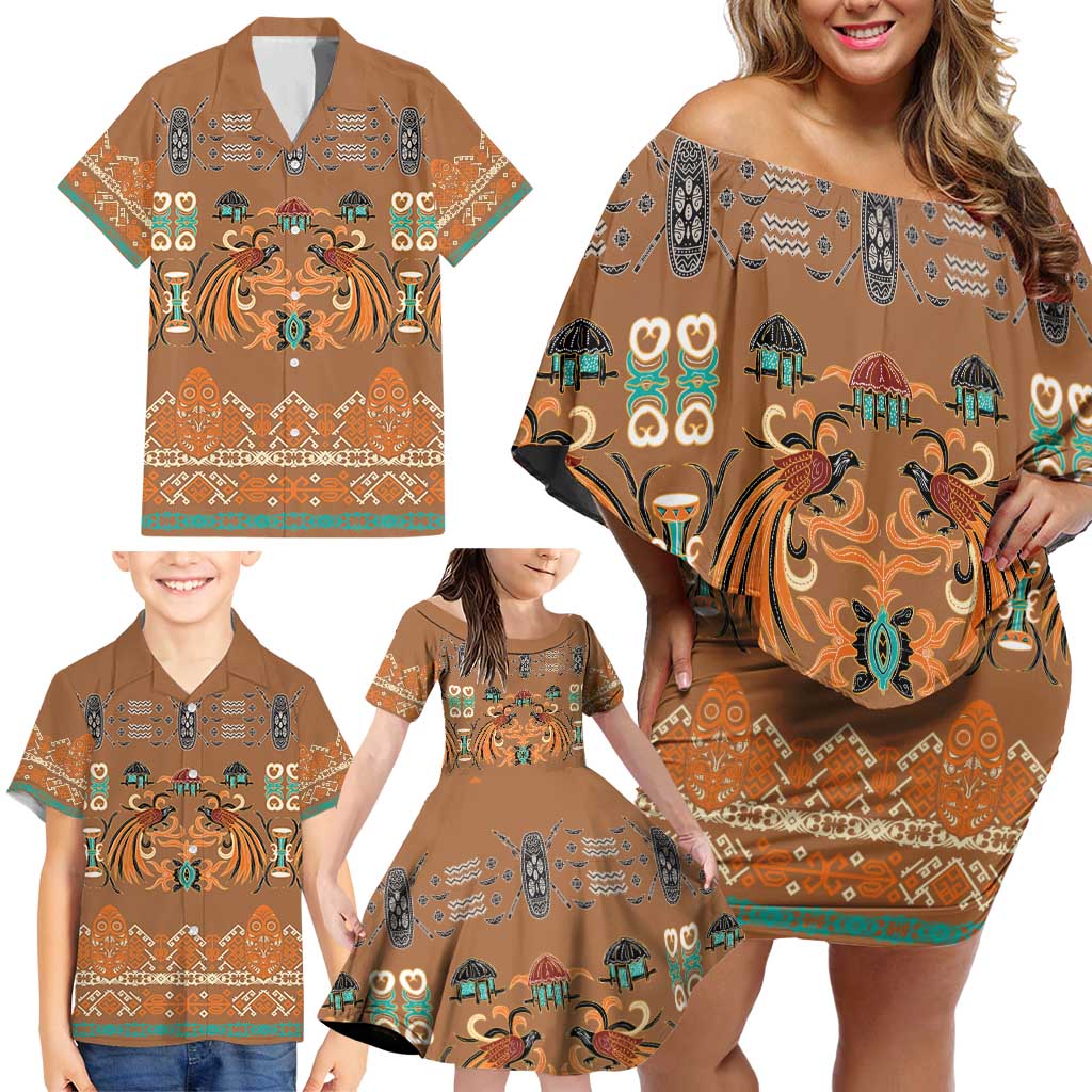 Terracotta Batik Papua-inspired Pattern Family Matching Off Shoulder Short Dress and Hawaiian Shirt - Polynesian Pride
