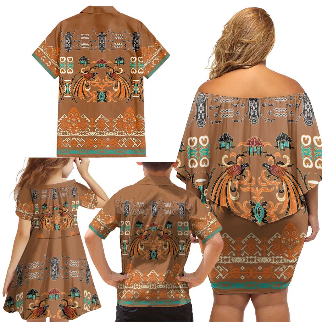Terracotta Batik Papua-inspired Pattern Family Matching Off Shoulder Short Dress and Hawaiian Shirt - Polynesian Pride