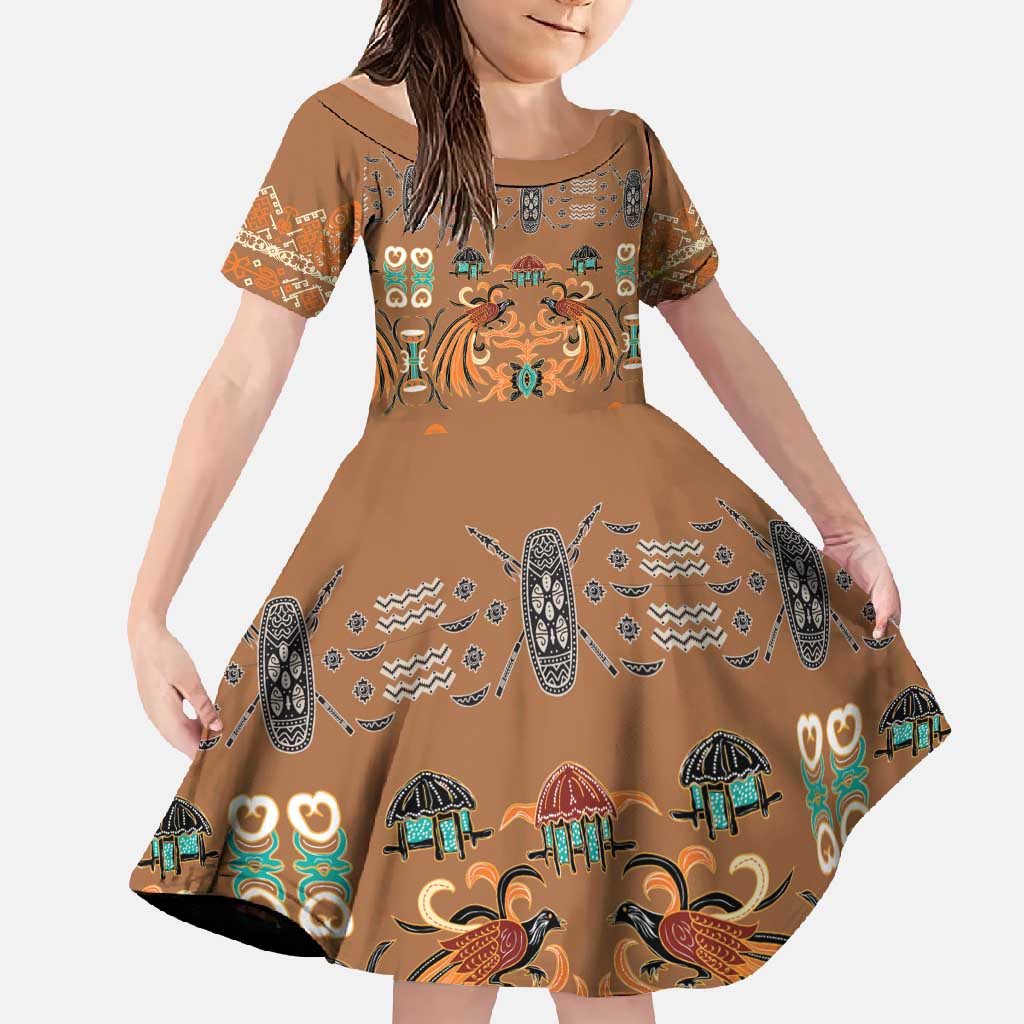 Terracotta Batik Papua-inspired Pattern Family Matching Short Sleeve Bodycon Dress and Hawaiian Shirt LT9 Daughter's Dress Gold - Polynesian Pride