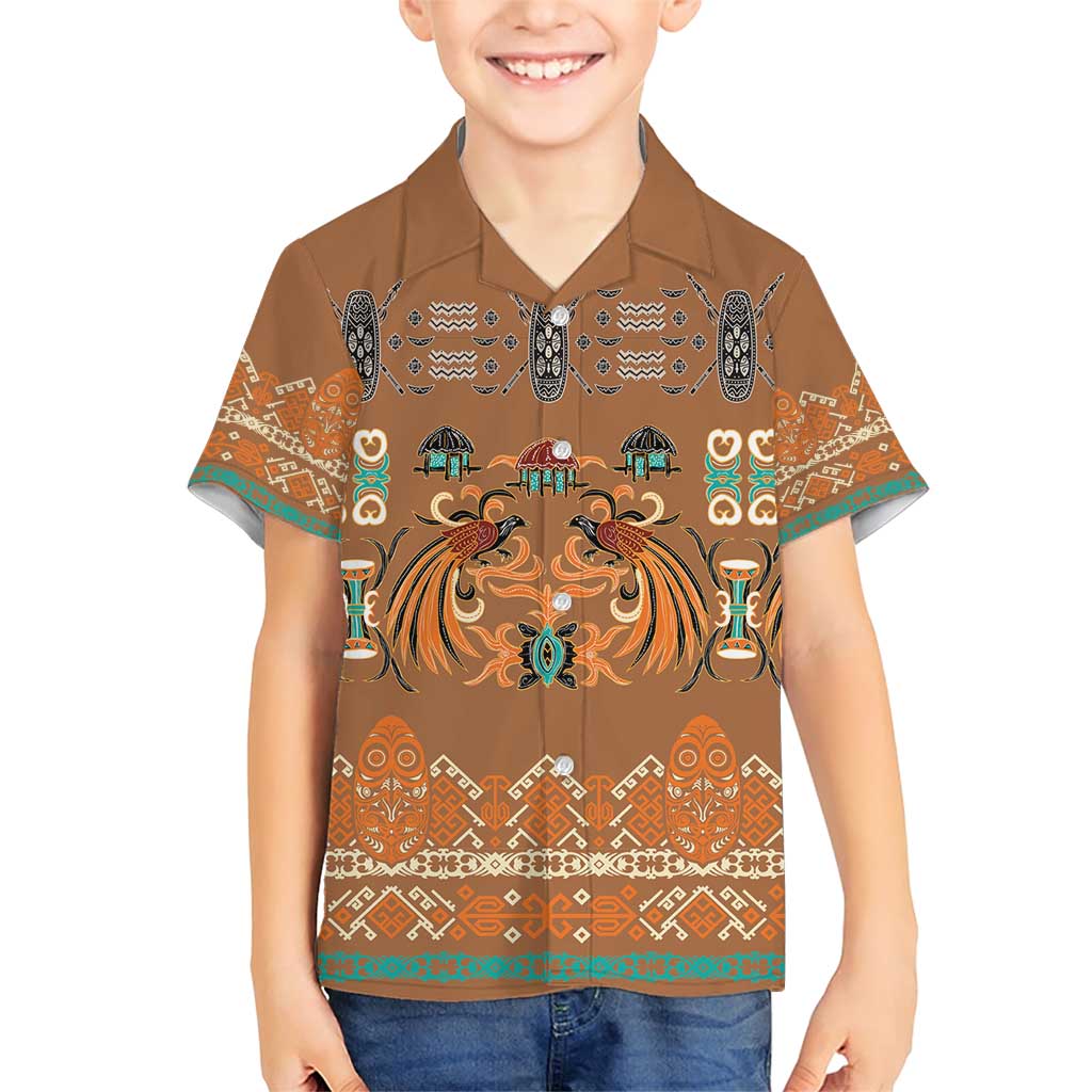 Terracotta Batik Papua-inspired Pattern Family Matching Short Sleeve Bodycon Dress and Hawaiian Shirt LT9 Son's Shirt Gold - Polynesian Pride