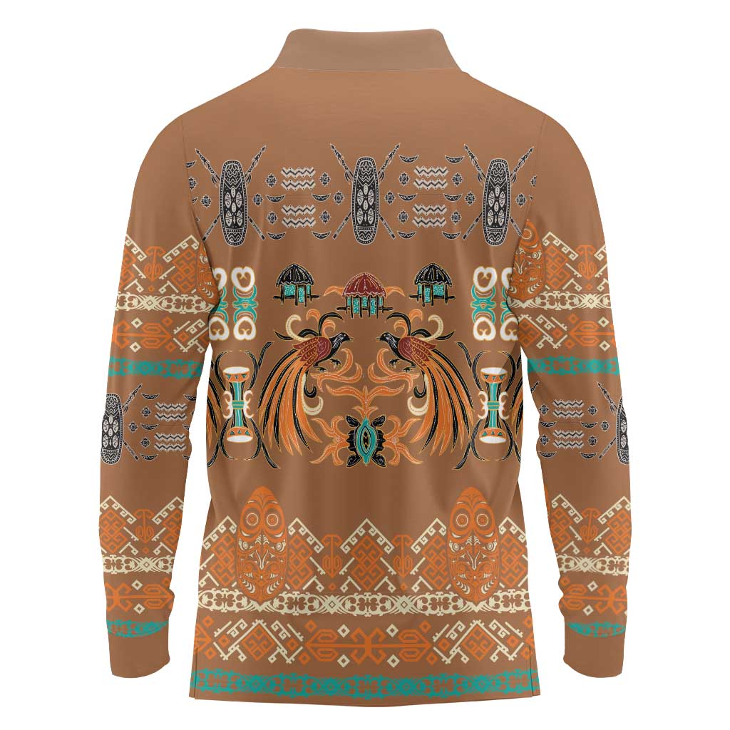 Terracotta Batik Papua-inspired Pattern Long Sleeve Polo Shirt LT9 - Polynesian Pride