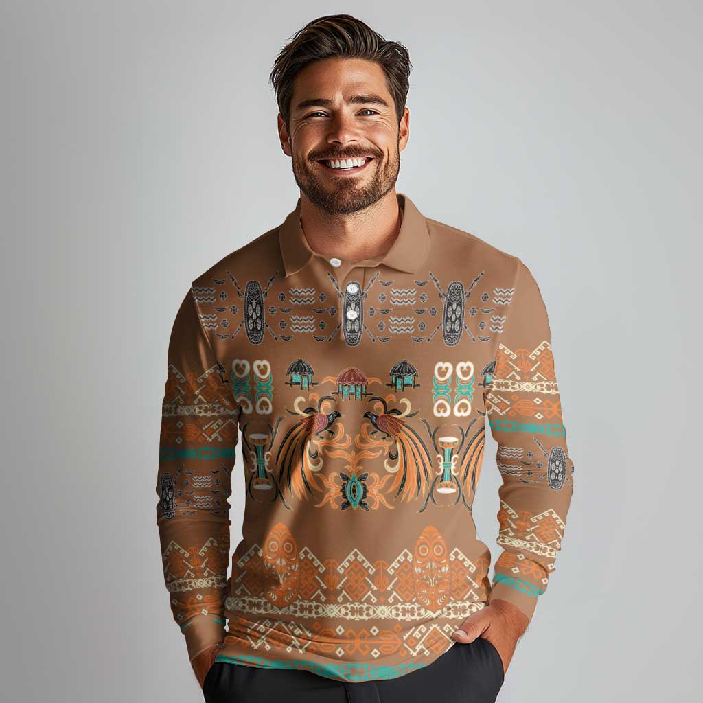 Terracotta Batik Papua-inspired Pattern Long Sleeve Polo Shirt LT9 - Polynesian Pride