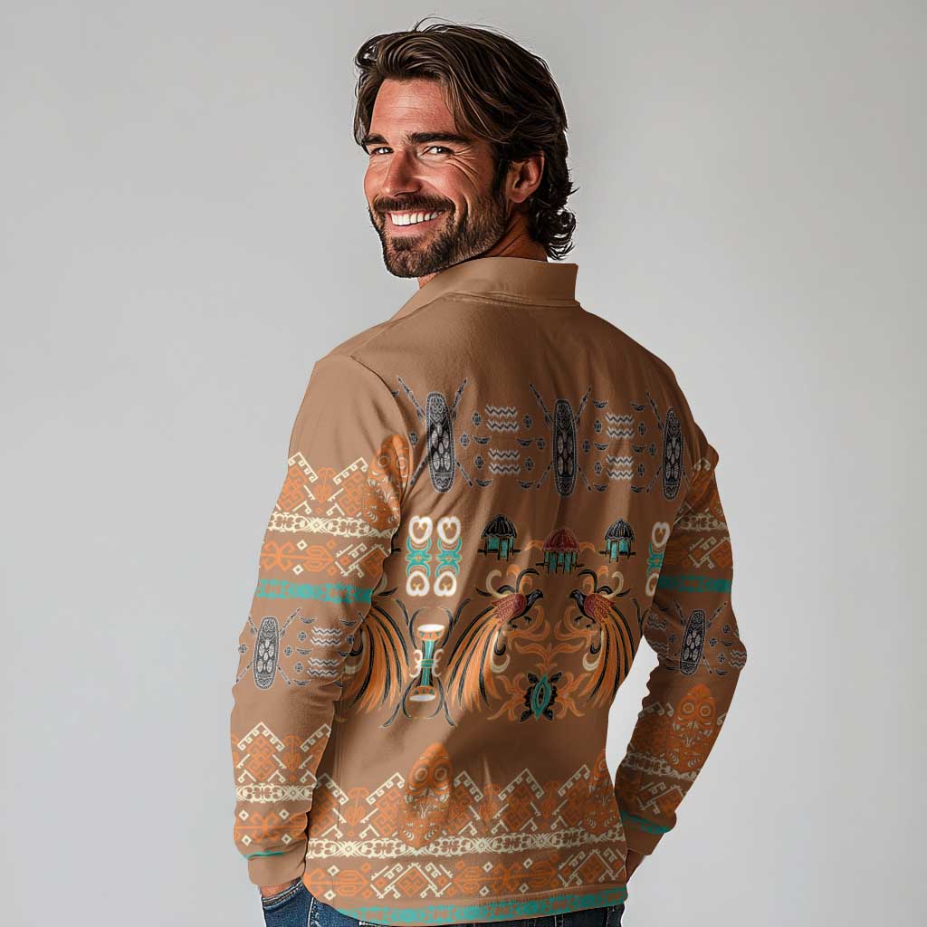Terracotta Batik Papua-inspired Pattern Long Sleeve Polo Shirt LT9 - Polynesian Pride