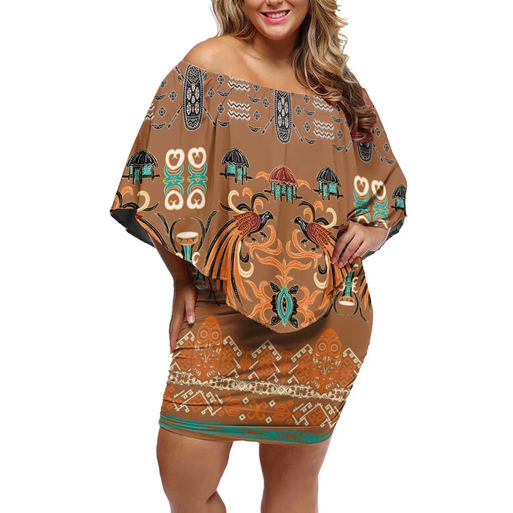 Terracotta Batik Papua-inspired Pattern Off Shoulder Short Dress - Polynesian Pride