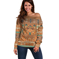 Terracotta Batik Papua-inspired Pattern Off Shoulder Sweater LT9 Women Gold - Polynesian Pride