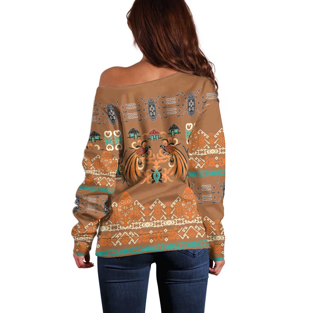Terracotta Batik Papua-inspired Pattern Off Shoulder Sweater LT9 - Polynesian Pride