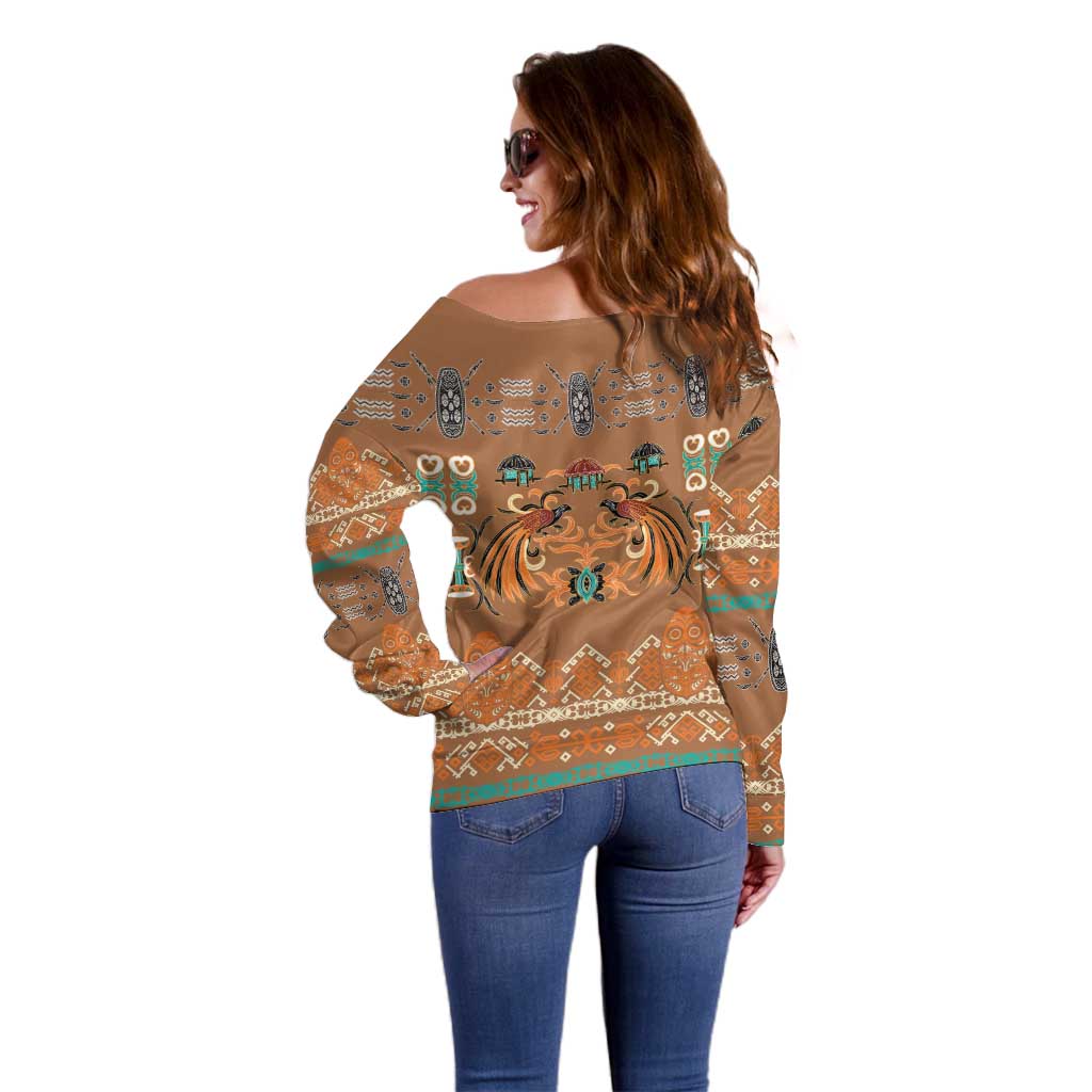 Terracotta Batik Papua-inspired Pattern Off Shoulder Sweater LT9 - Polynesian Pride