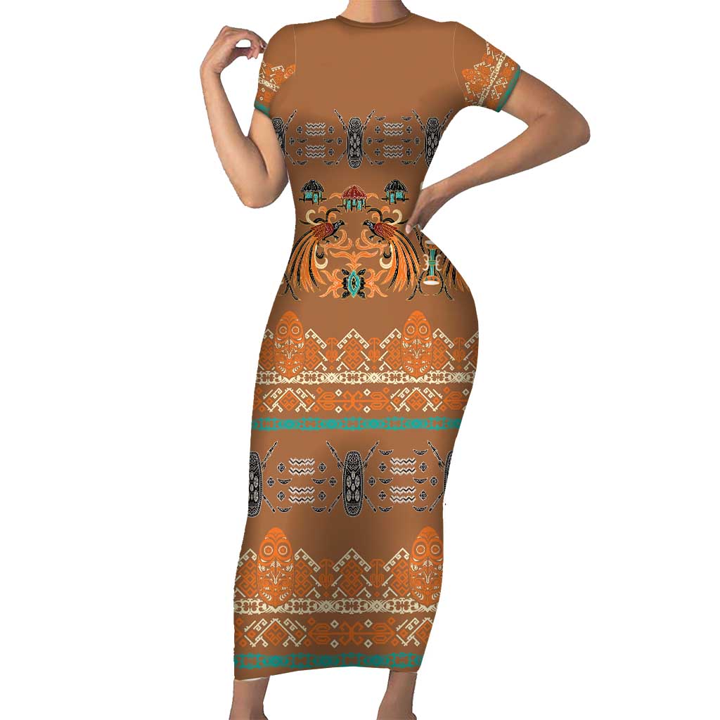 Terracotta Batik Papua-inspired Pattern Short Sleeve Bodycon Dress LT9 Long Dress Gold - Polynesian Pride