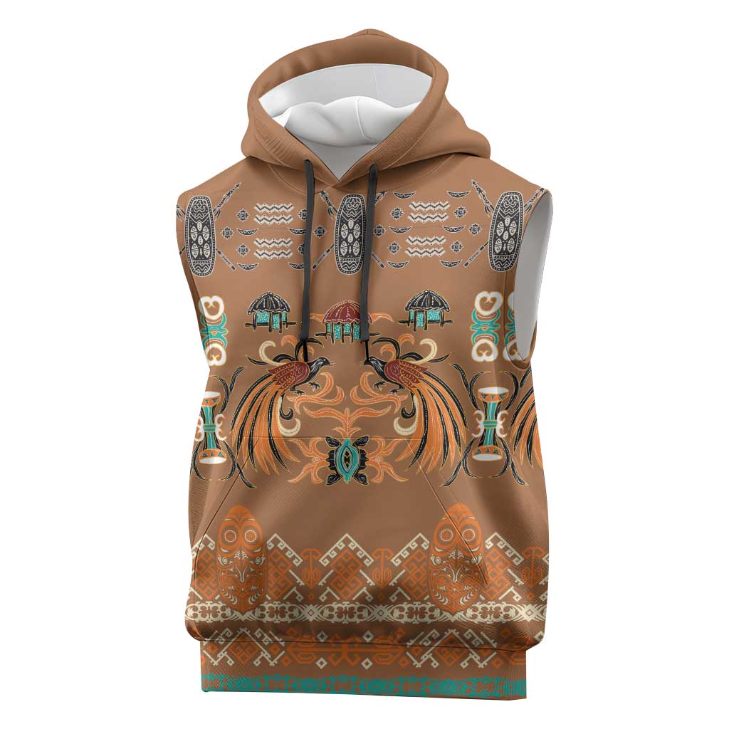 Terracotta Batik Papua-inspired Pattern Sleeveless Hoodie LT9 Gold - Polynesian Pride