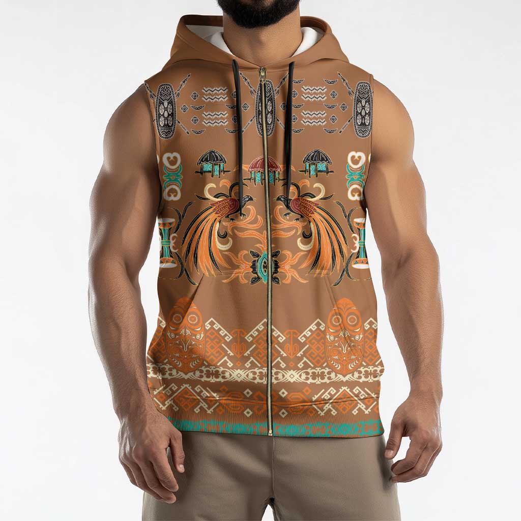 Terracotta Batik Papua-inspired Pattern Sleeveless Zip Hoodie - Polynesian Pride