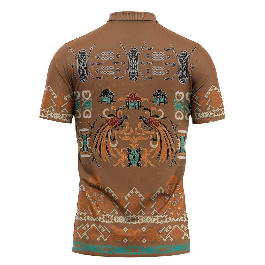 Terracotta Batik Papua-inspired Pattern Zipper Polo Shirt LT9 - Polynesian Pride