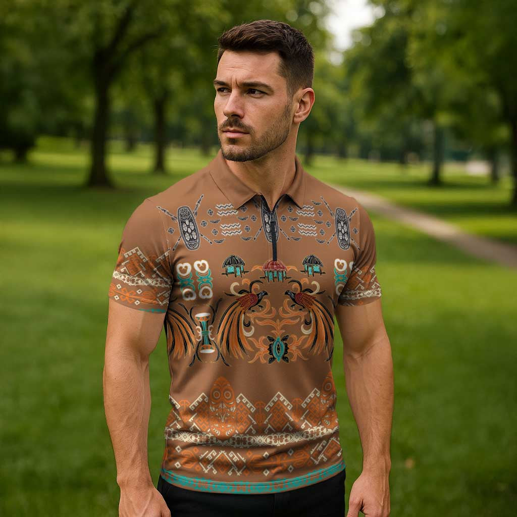 Terracotta Batik Papua-inspired Pattern Zipper Polo Shirt LT9 - Polynesian Pride