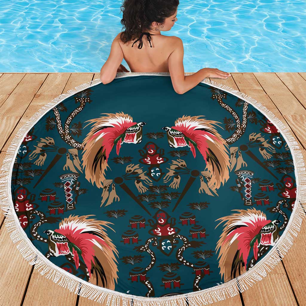 Dark Cyan Blue Bird of Batik Papua Beach Blanket Exotic Natural Wealth of Papua - Polynesian Pride