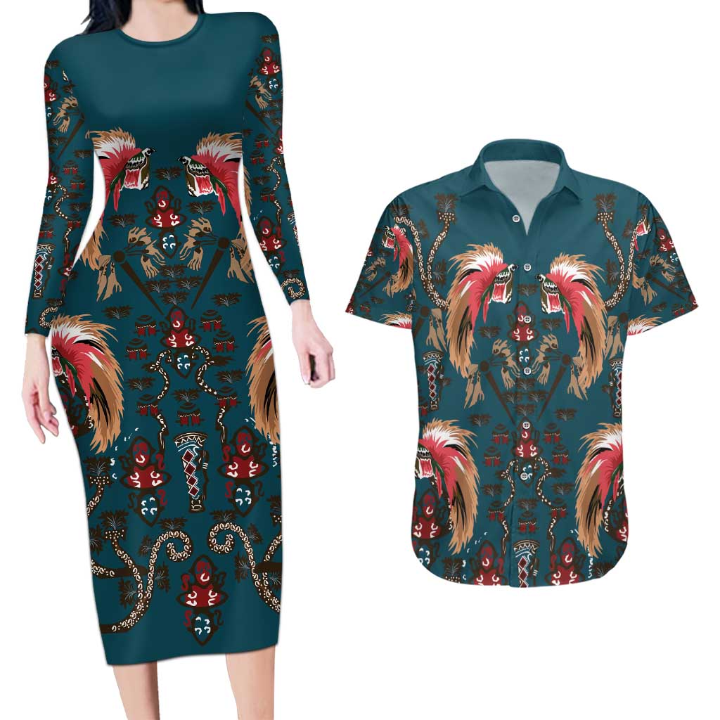 Dark Cyan Blue Bird of Batik Papua Couples Matching Long Sleeve Bodycon Dress and Hawaiian Shirt Exotic Natural Wealth of Papua - Polynesian Pride