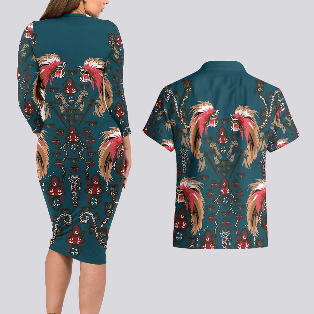 Dark Cyan Blue Bird of Batik Papua Couples Matching Long Sleeve Bodycon Dress and Hawaiian Shirt Exotic Natural Wealth of Papua - Polynesian Pride