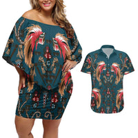 Dark Cyan Blue Bird of Batik Papua Couples Matching Off Shoulder Short Dress and Hawaiian Shirt Exotic Natural Wealth of Papua - Polynesian Pride
