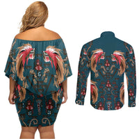 Dark Cyan Blue Bird of Batik Papua Couples Matching Off Shoulder Short Dress and Long Sleeve Button Shirt Exotic Natural Wealth of Papua LT9 - Polynesian Pride
