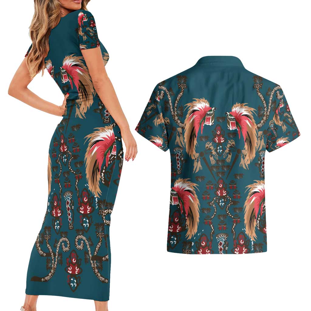 Dark Cyan Blue Bird of Batik Papua Couples Matching Short Sleeve Bodycon Dress and Hawaiian Shirt Exotic Natural Wealth of Papua - Polynesian Pride