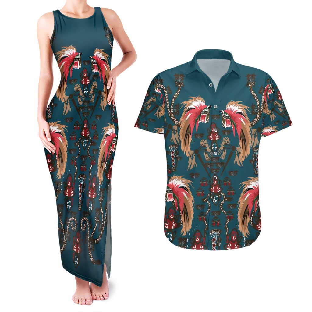 Dark Cyan Blue Bird of Batik Papua Couples Matching Tank Maxi Dress and Hawaiian Shirt Exotic Natural Wealth of Papua - Polynesian Pride