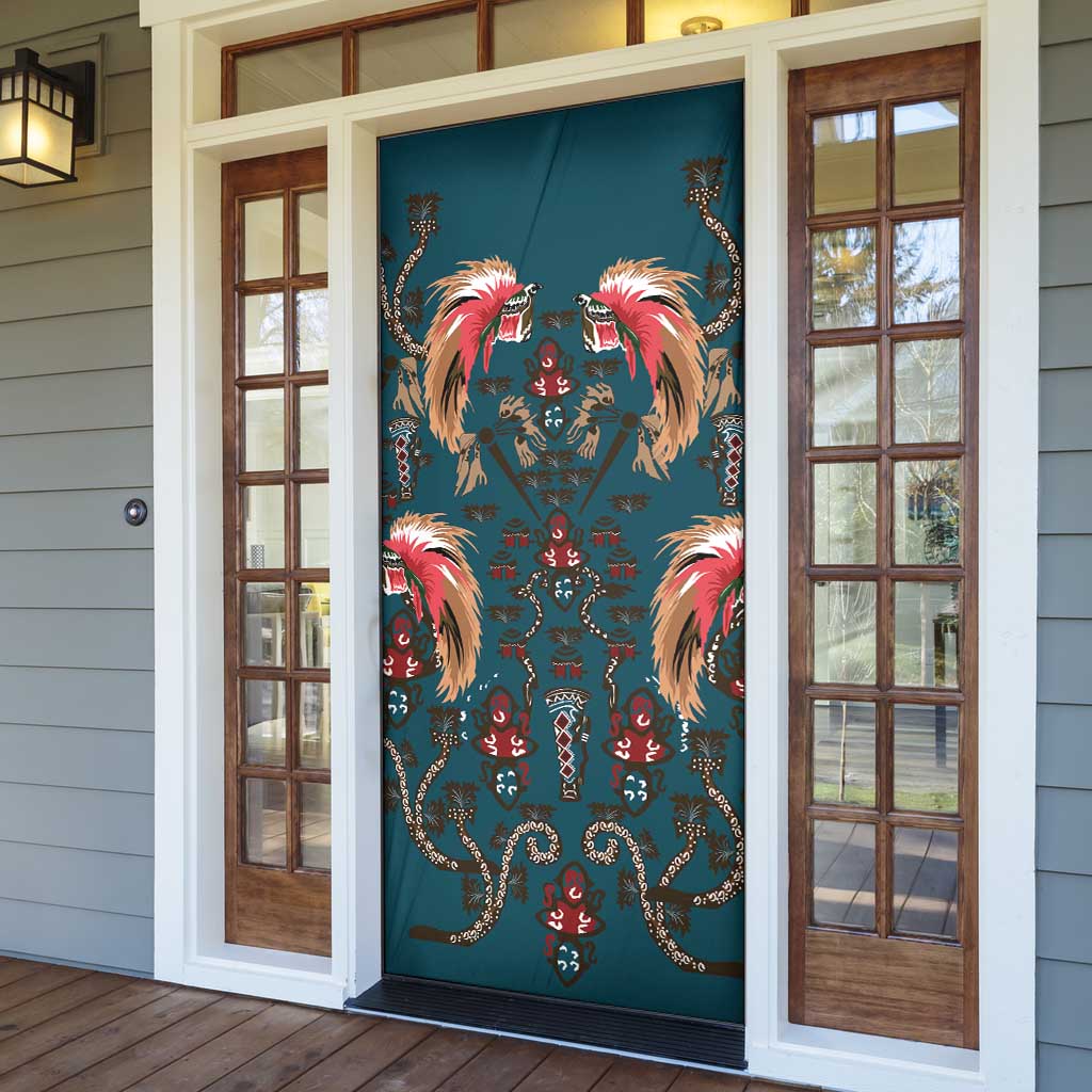 Dark Cyan Blue Bird of Batik Papua Door Cover Exotic Natural Wealth of Papua - Polynesian Pride