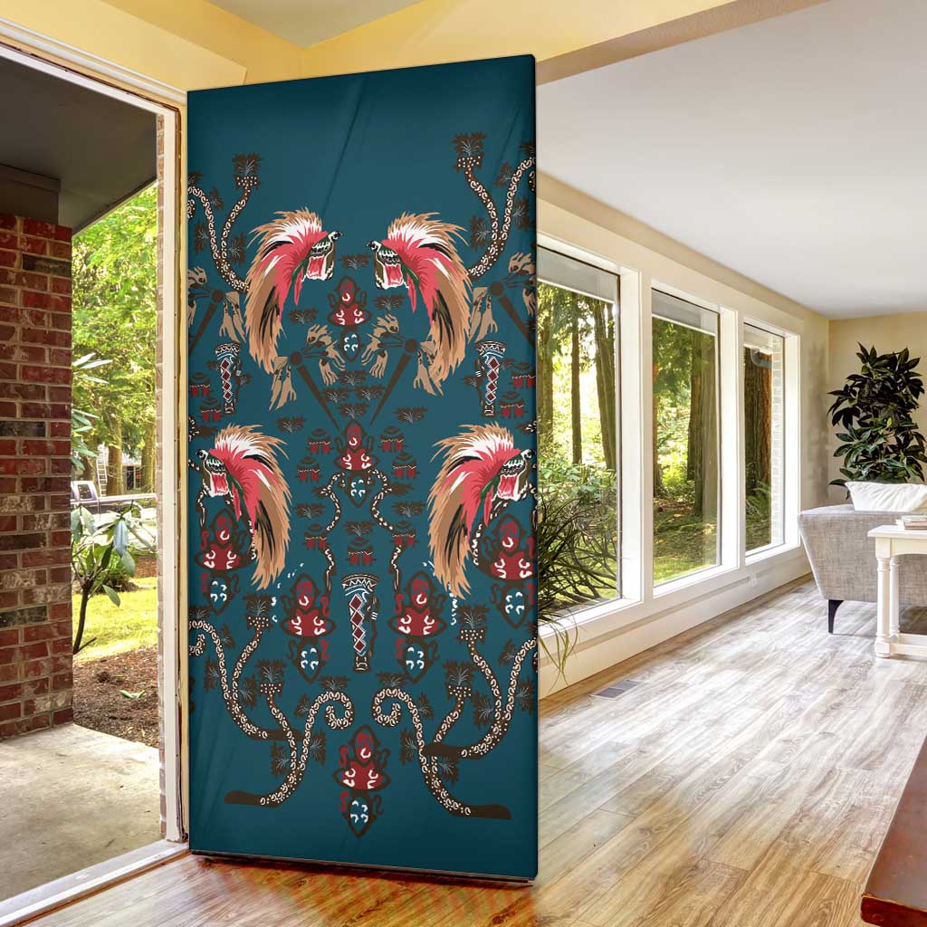 Dark Cyan Blue Bird of Batik Papua Door Cover Exotic Natural Wealth of Papua - Polynesian Pride