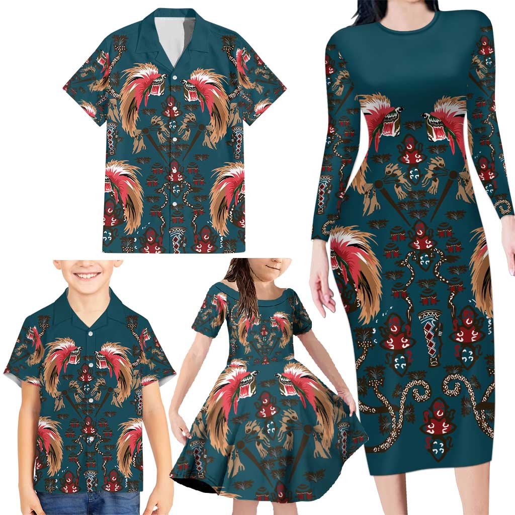 Dark Cyan Blue Bird of Batik Papua Family Matching Long Sleeve Bodycon Dress and Hawaiian Shirt Exotic Natural Wealth of Papua - Polynesian Pride