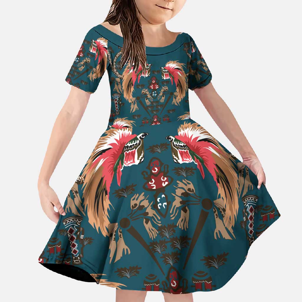 Dark Cyan Blue Bird of Batik Papua Family Matching Mermaid Dress and Hawaiian Shirt Exotic Natural Wealth of Papua LT9 Daughter's Dress Blue - Polynesian Pride