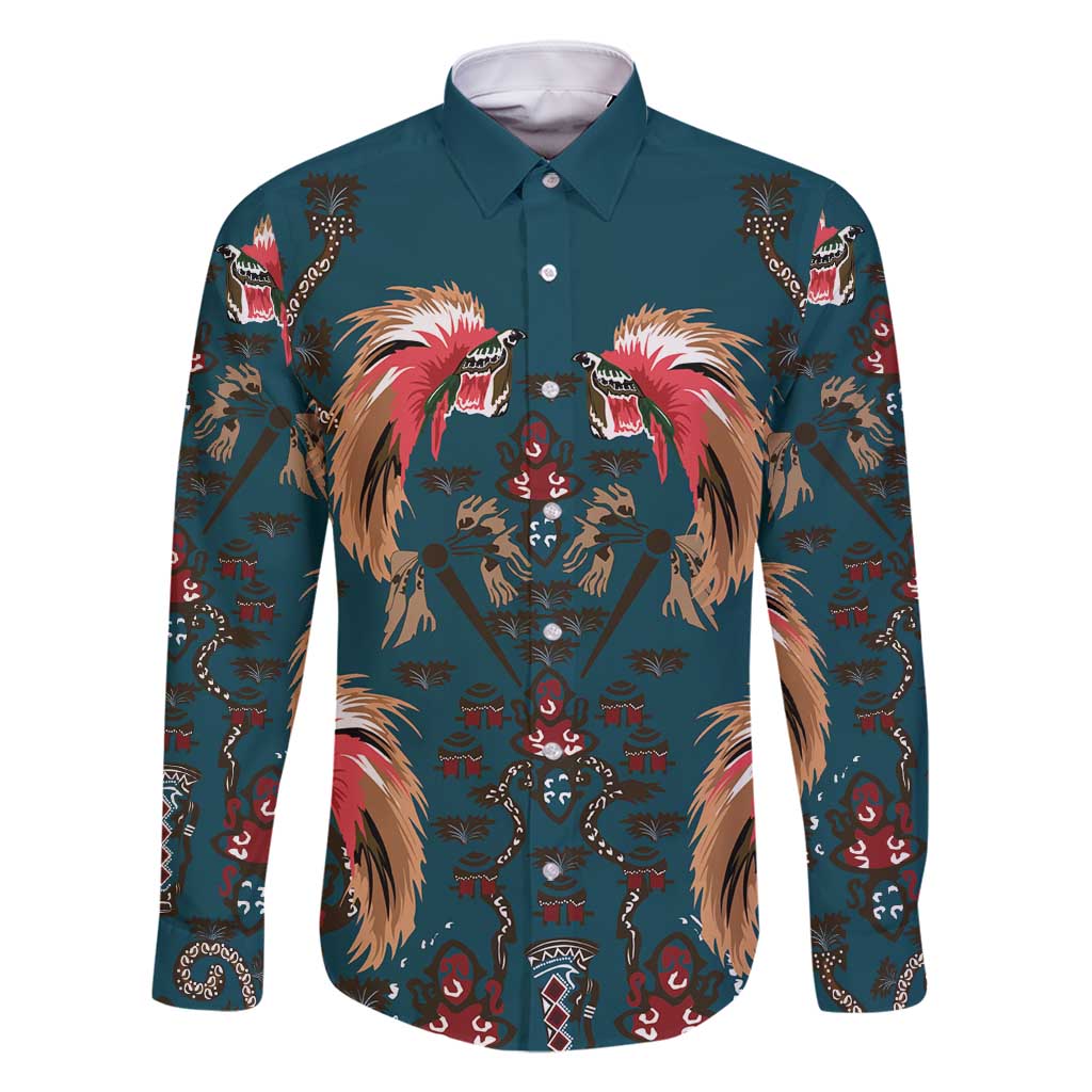 Dark Cyan Blue Bird of Batik Papua Family Matching Mermaid Dress and Hawaiian Shirt Exotic Natural Wealth of Papua LT9 Dad's Shirt - Long Sleeve Blue - Polynesian Pride