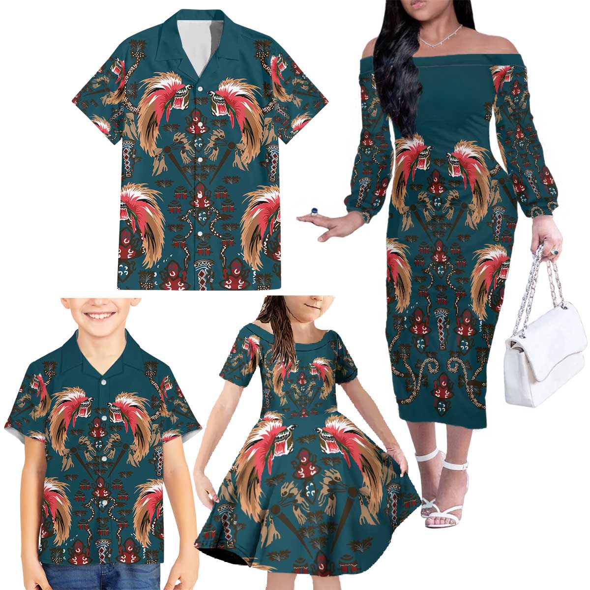 Dark Cyan Blue Bird of Batik Papua Family Matching Off The Shoulder Long Sleeve Dress and Hawaiian Shirt Exotic Natural Wealth of Papua - Polynesian Pride