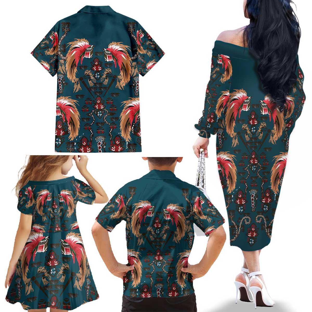 Dark Cyan Blue Bird of Batik Papua Family Matching Off The Shoulder Long Sleeve Dress and Hawaiian Shirt Exotic Natural Wealth of Papua - Polynesian Pride