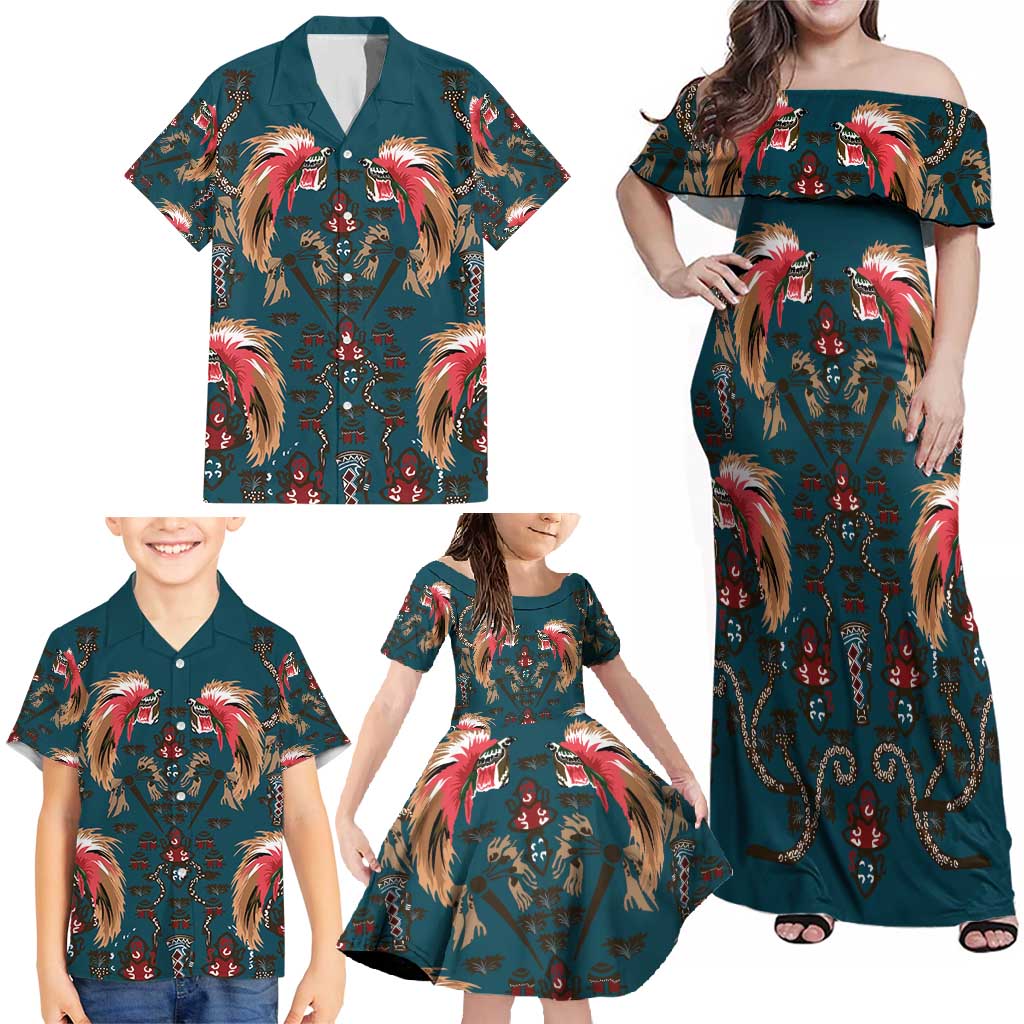Dark Cyan Blue Bird of Batik Papua Family Matching Off Shoulder Maxi Dress and Hawaiian Shirt Exotic Natural Wealth of Papua - Polynesian Pride