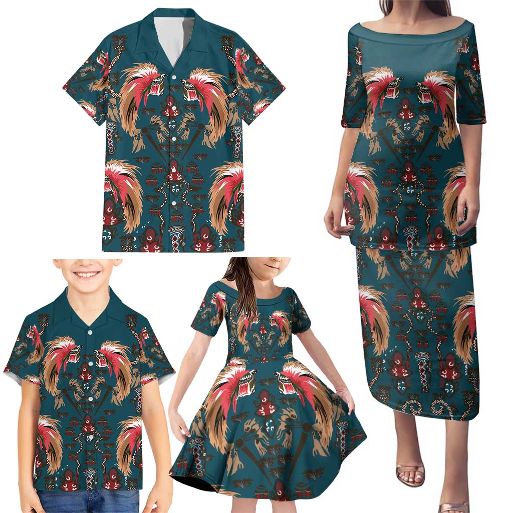 Dark Cyan Blue Bird of Batik Papua Family Matching Puletasi and Hawaiian Shirt Exotic Natural Wealth of Papua - Polynesian Pride