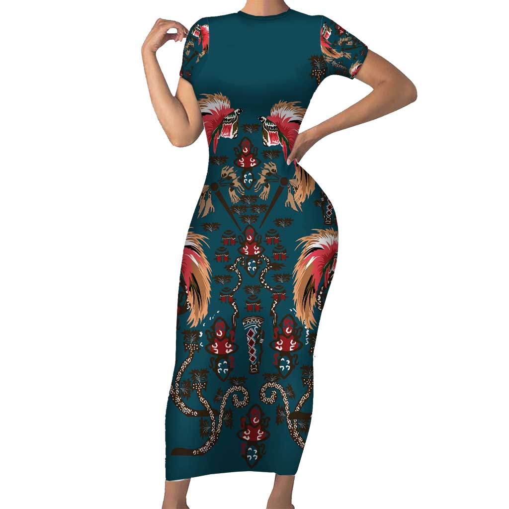Dark Cyan Blue Bird of Batik Papua Family Matching Short Sleeve Bodycon Dress and Hawaiian Shirt Exotic Natural Wealth of Papua LT9 Mom's Dress Blue - Polynesian Pride
