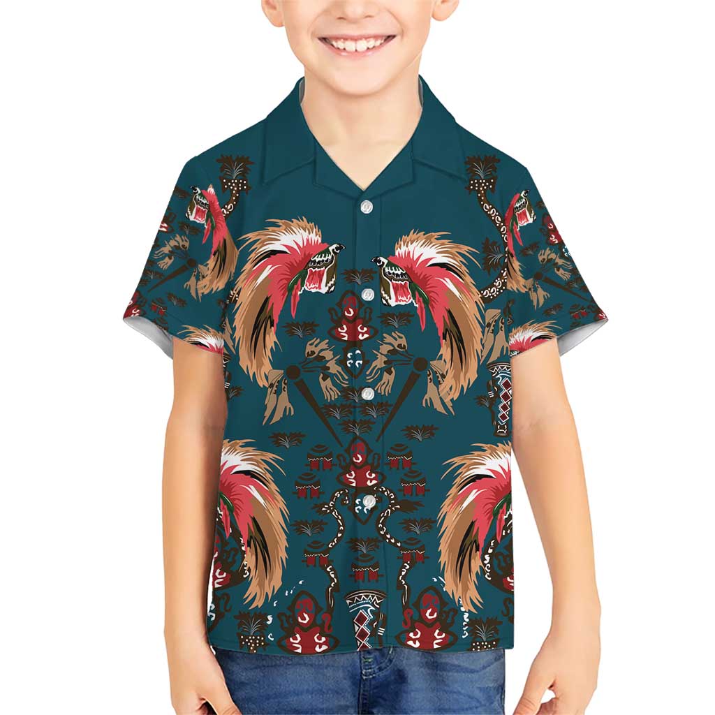 Dark Cyan Blue Bird of Batik Papua Family Matching Short Sleeve Bodycon Dress and Hawaiian Shirt Exotic Natural Wealth of Papua LT9 Son's Shirt Blue - Polynesian Pride