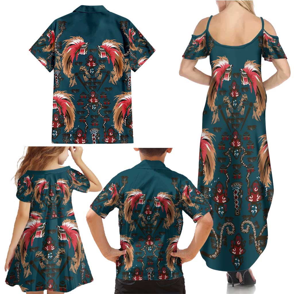 Dark Cyan Blue Bird of Batik Papua Family Matching Summer Maxi Dress and Hawaiian Shirt Exotic Natural Wealth of Papua - Polynesian Pride