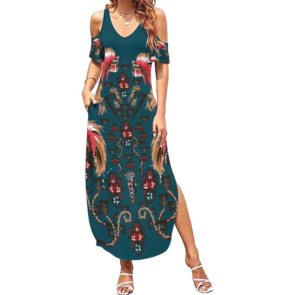 Dark Cyan Blue Bird of Batik Papua Family Matching Summer Maxi Dress and Hawaiian Shirt Exotic Natural Wealth of Papua - Polynesian Pride