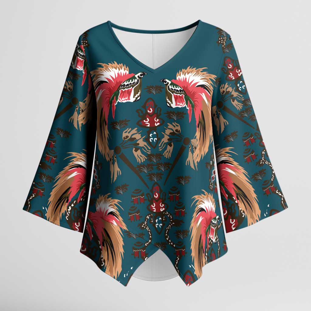 Dark Cyan Blue Bird of Batik Papua Kimono Sleeve Blouse Exotic Natural Wealth of Papua - Polynesian Pride