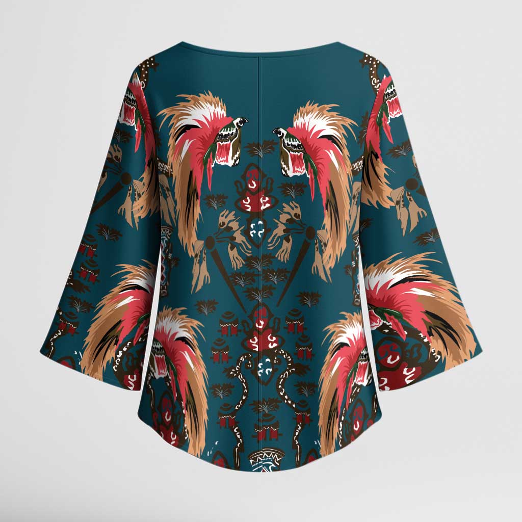 Dark Cyan Blue Bird of Batik Papua Kimono Sleeve Blouse Exotic Natural Wealth of Papua - Polynesian Pride