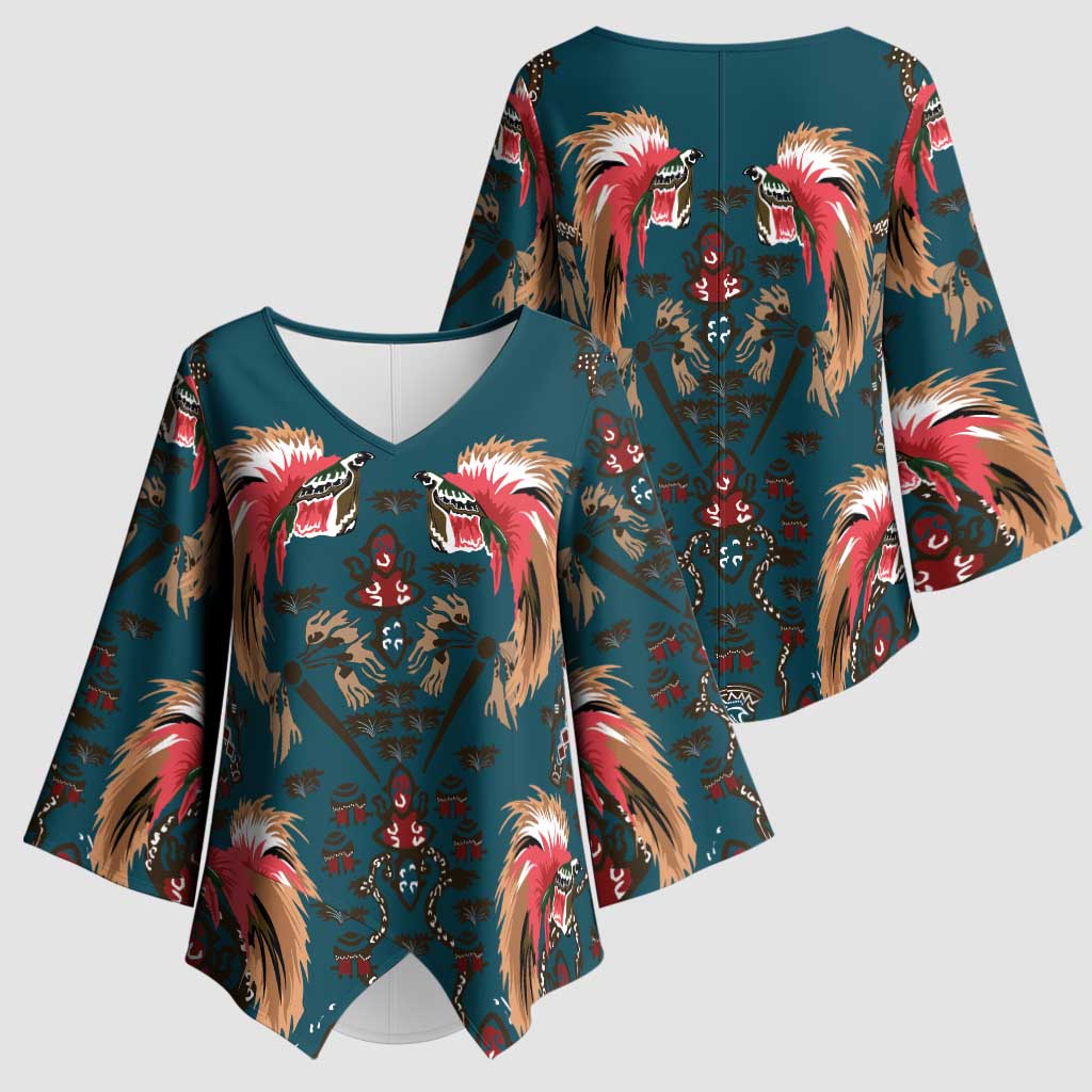 Dark Cyan Blue Bird of Batik Papua Kimono Sleeve Blouse Exotic Natural Wealth of Papua - Polynesian Pride