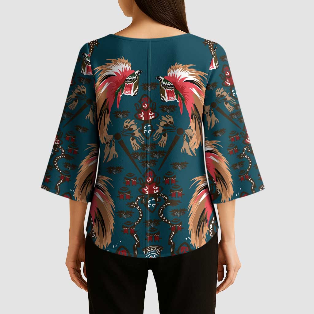 Dark Cyan Blue Bird of Batik Papua Kimono Sleeve Blouse Exotic Natural Wealth of Papua - Polynesian Pride