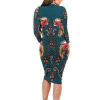 Dark Cyan Blue Bird of Batik Papua Long Sleeve Bodycon Dress Exotic Natural Wealth of Papua - Polynesian Pride