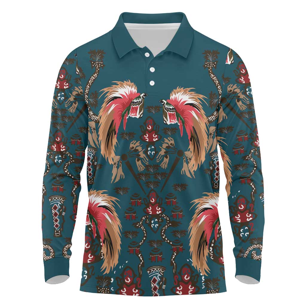 Dark Cyan Blue Bird of Batik Papua Long Sleeve Polo Shirt Exotic Natural Wealth of Papua LT9 Blue - Polynesian Pride