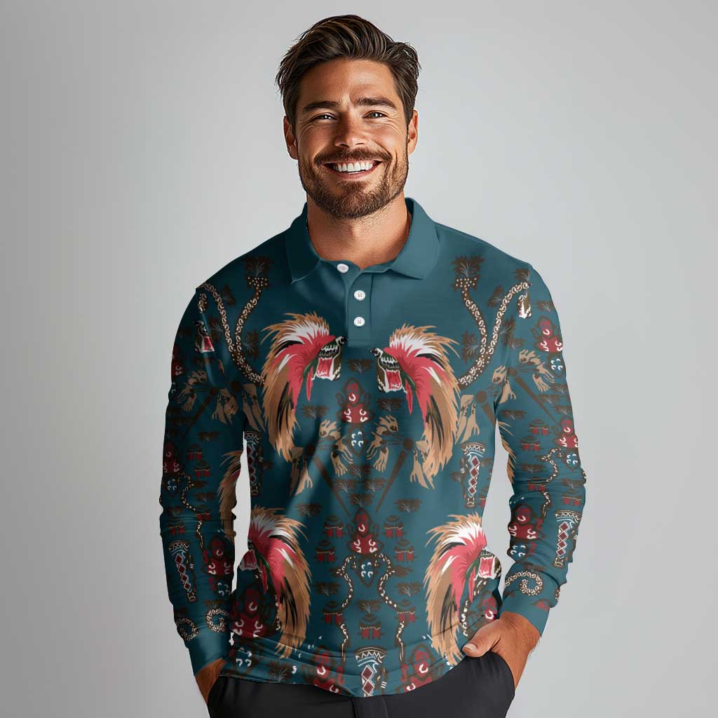 Dark Cyan Blue Bird of Batik Papua Long Sleeve Polo Shirt Exotic Natural Wealth of Papua LT9 - Polynesian Pride