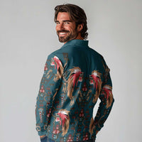 Dark Cyan Blue Bird of Batik Papua Long Sleeve Polo Shirt Exotic Natural Wealth of Papua LT9 - Polynesian Pride