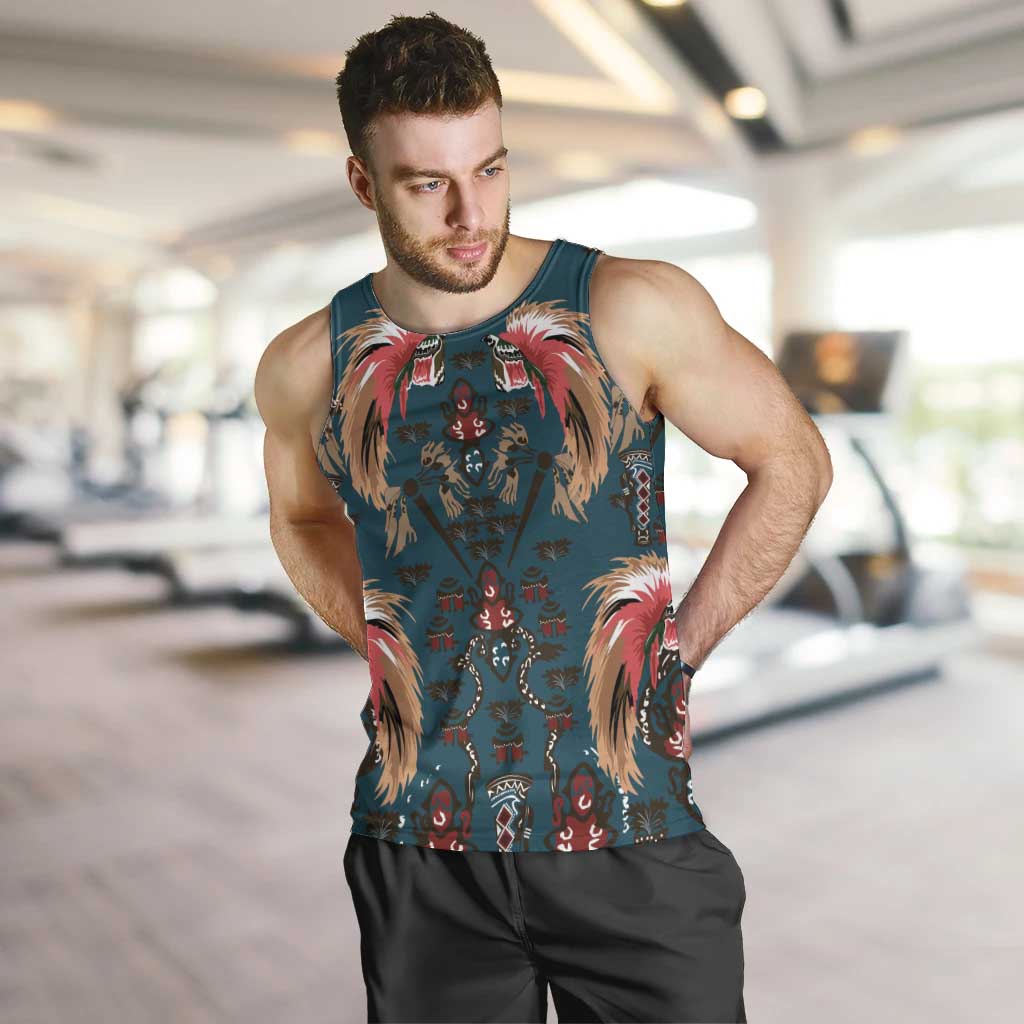Dark Cyan Blue Bird of Batik Papua Men Tank Top Exotic Natural Wealth of Papua LT9 Blue - Polynesian Pride