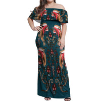 Dark Cyan Blue Bird of Batik Papua Off Shoulder Maxi Dress Exotic Natural Wealth of Papua - Polynesian Pride