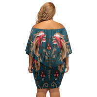 Dark Cyan Blue Bird of Batik Papua Off Shoulder Short Dress Exotic Natural Wealth of Papua - Polynesian Pride