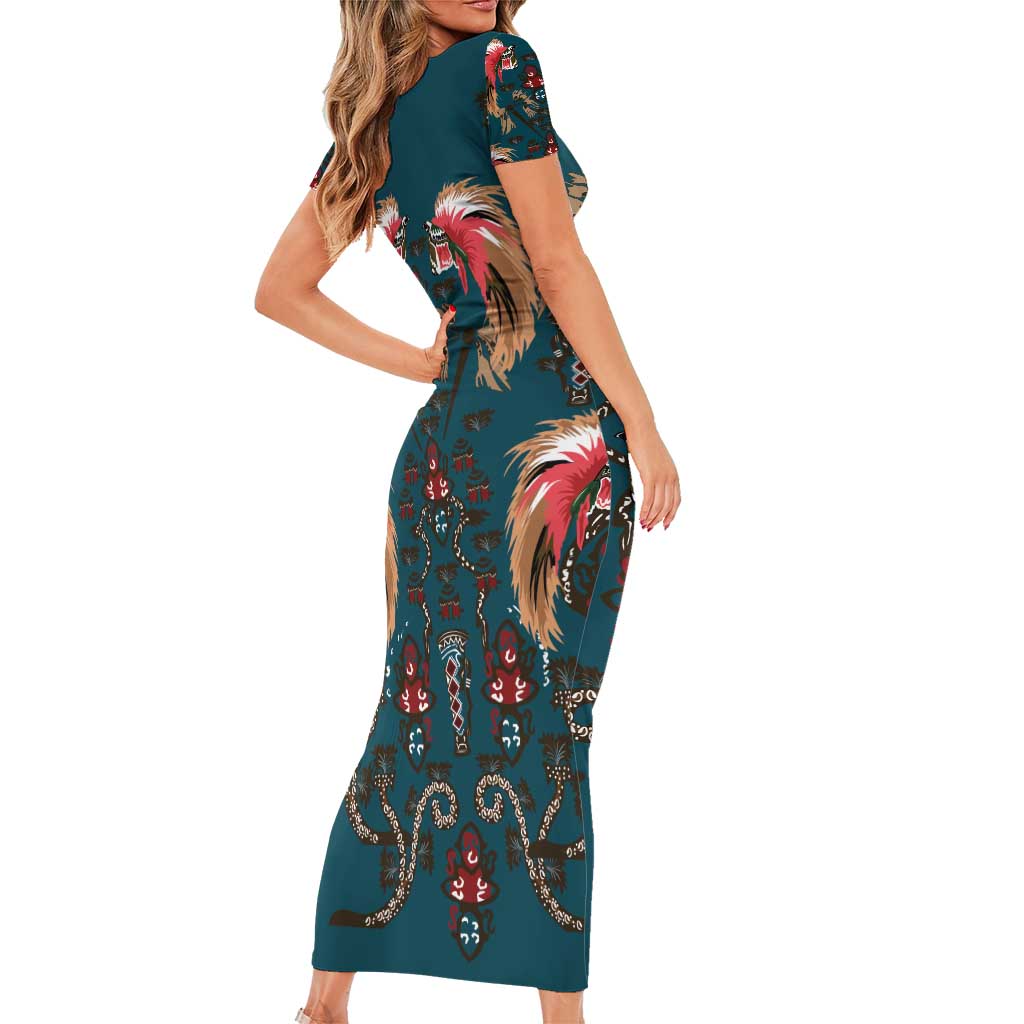 Dark Cyan Blue Bird of Batik Papua Short Sleeve Bodycon Dress Exotic Natural Wealth of Papua LT9 - Polynesian Pride